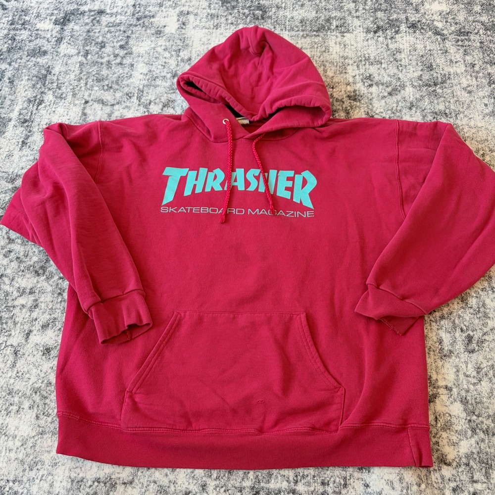 Thrasher Skateboard Magazine Hoodie Mens Medium Red Teal Graphic Pullover